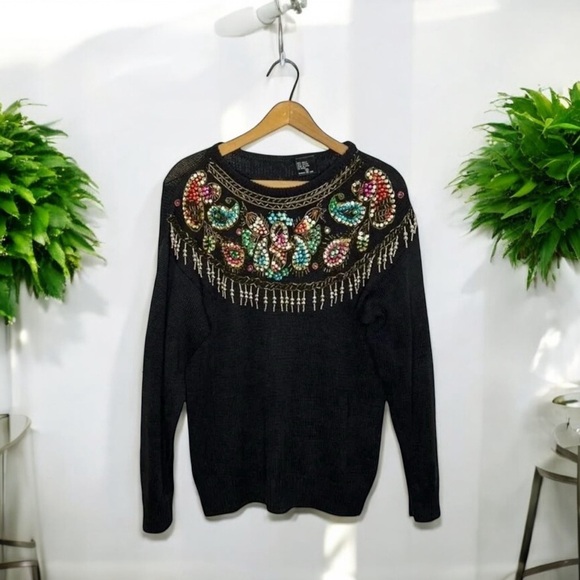 Vintage Sweaters - Vintage 80s Beaded Sequin Sweater Black Knit Ramie Cotton Paisley Holiday Party
